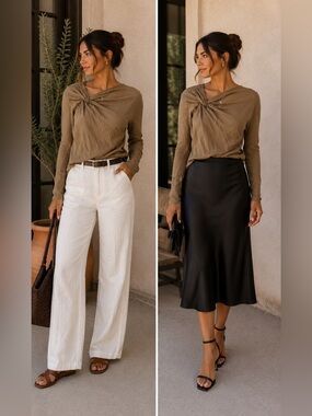 Zara Taupe Twist-Front Long Sleeve Top
